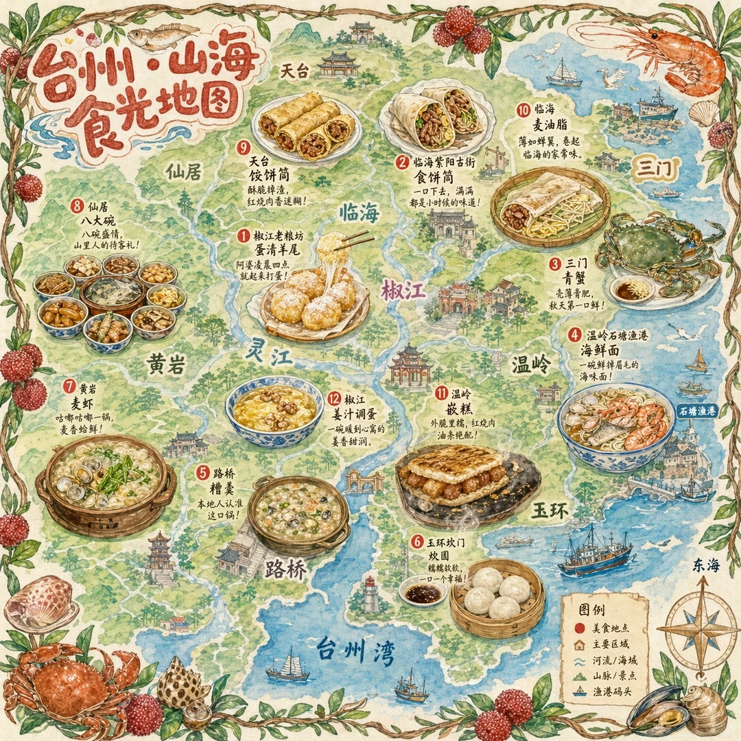 一张手绘风格的城市美食地图，以台州为主题